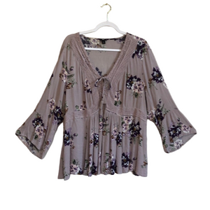 TORRID Women's 3X Lavender Floral Boho Babydoll Gauze Crochet Trim Lace-Up‎ Top